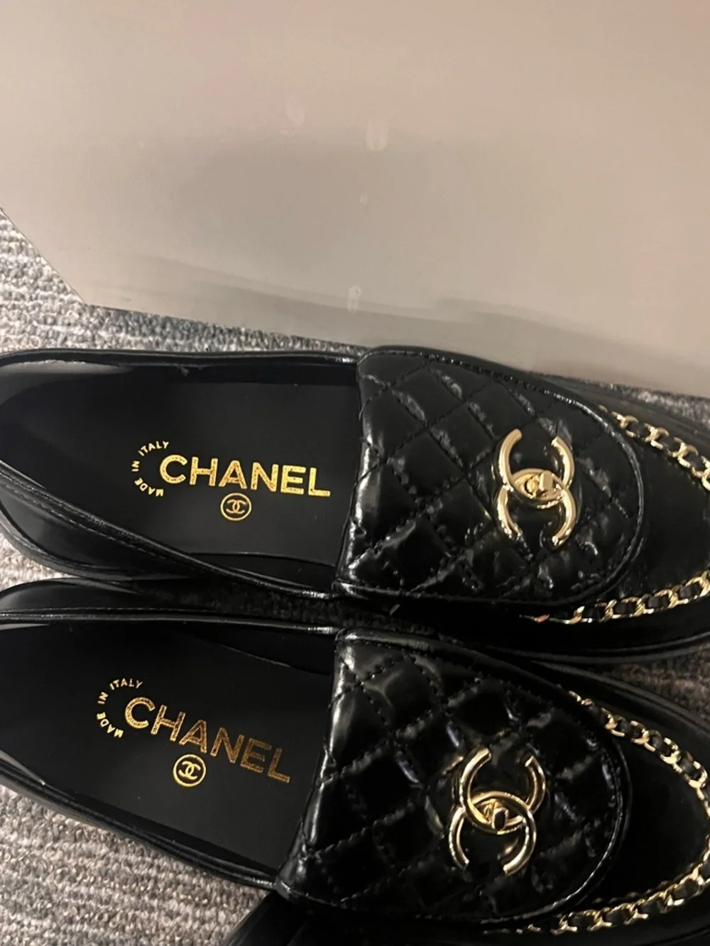 CHANEL Black Quilted Leather Chain Loafers